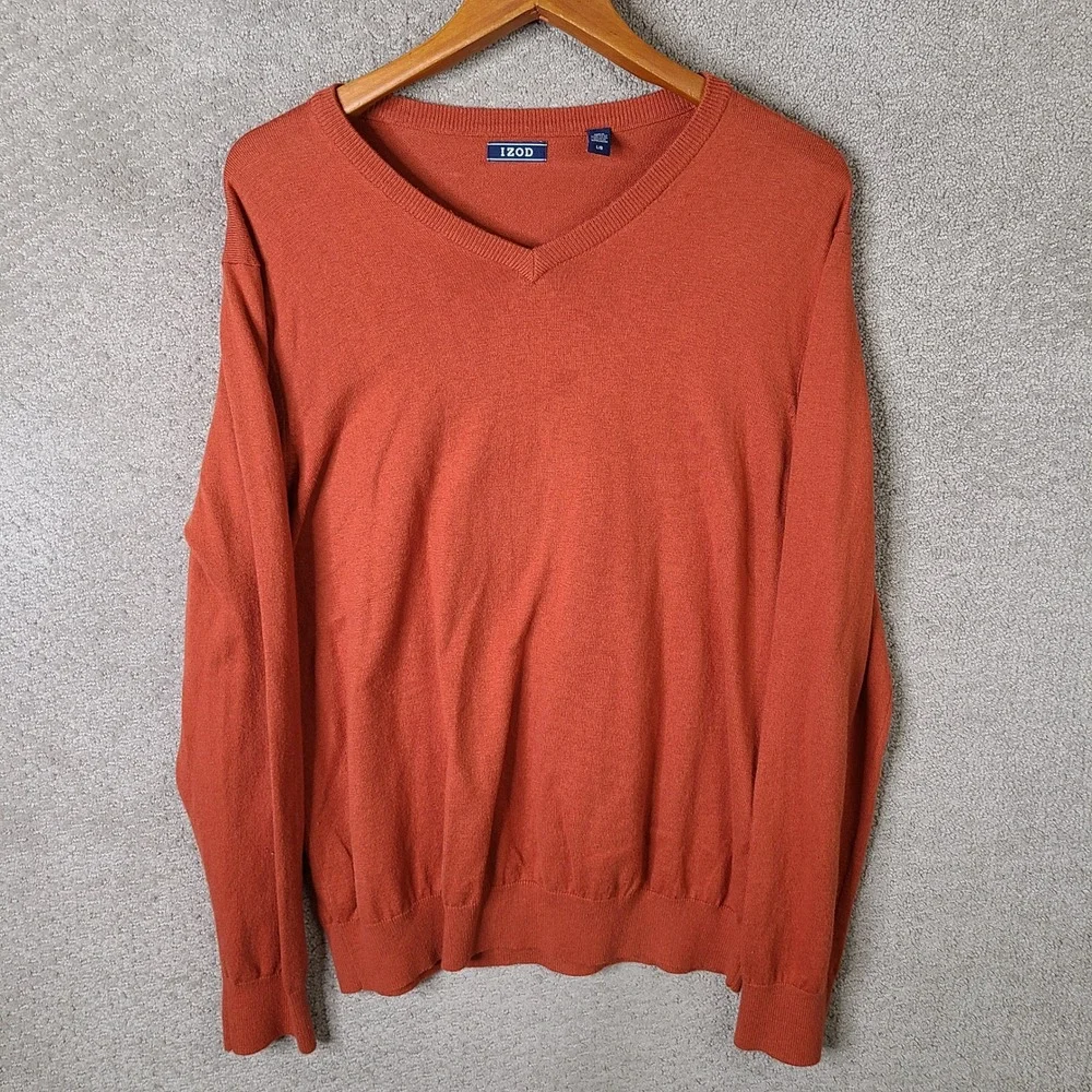 Izod Sweater Mens Large Orange V Neck Cotton Blend‎ Long Sleeve Casual Pullover